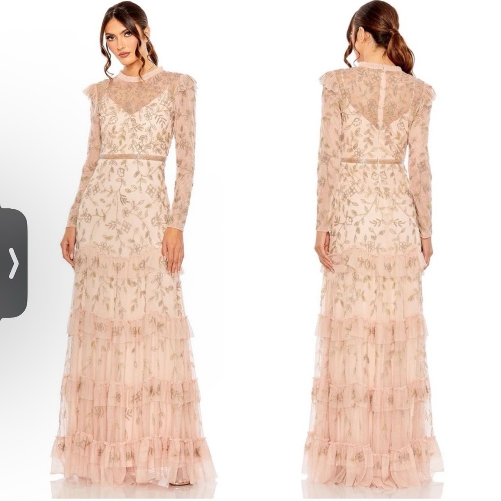 Mac Duggal 9237 High Neck Flutter Cap Long Sleeve Tiered Embellished Gown Size 4